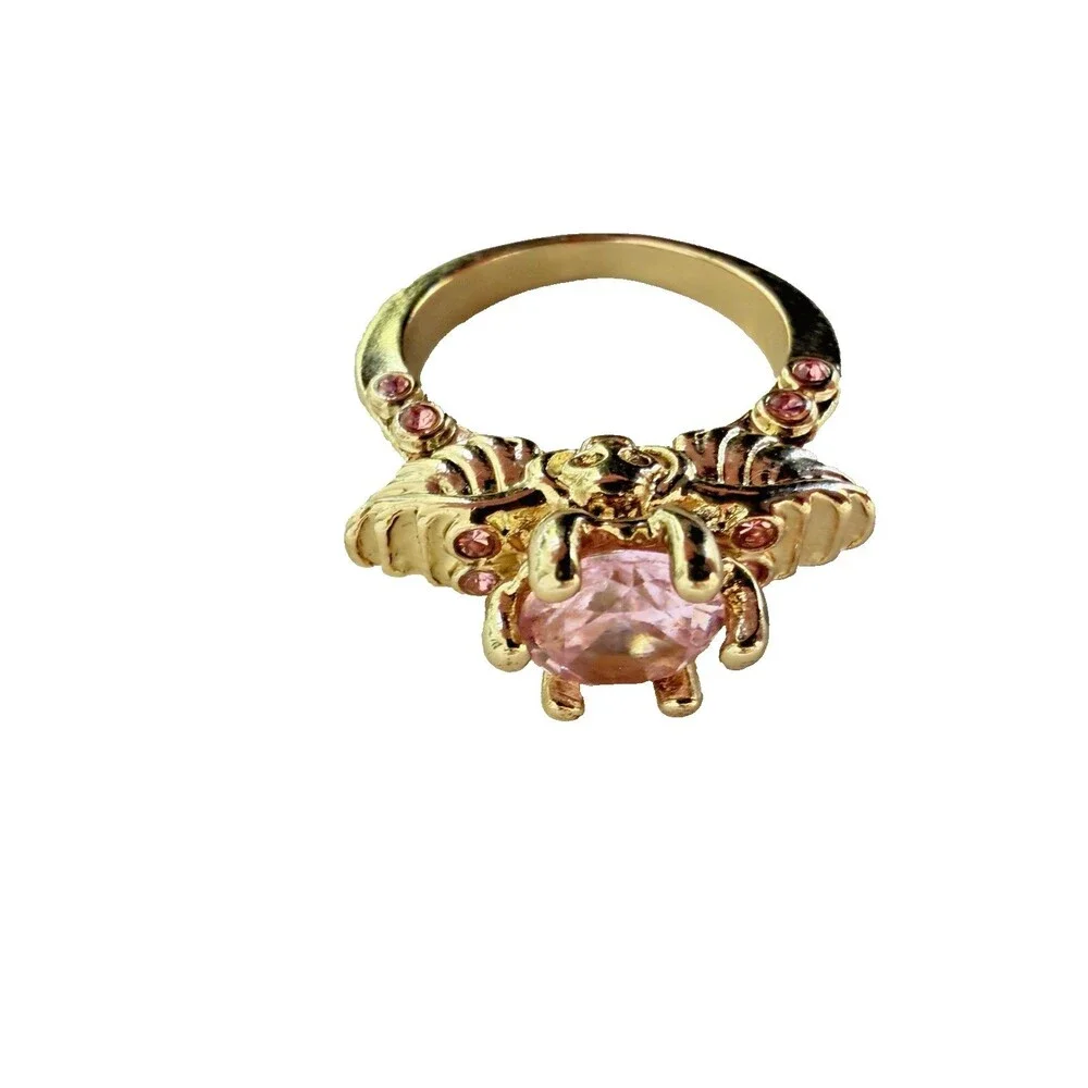 Vintage Style Pink Crystal Butterfly Fairy Skull Ring Gold Tone Statment Size 9